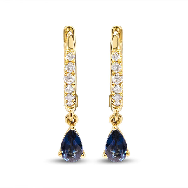 1/10 Ct. T.W. Pear Blue Sapphire and Diamond Drop and Dangle Huggy Hoop Earrings in 10K Yellow Gold, photo 2