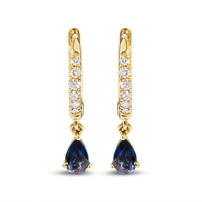 Aretes de aro Huggie colgantes con zafiro azul de talla pera y diamantes de 1/10 ct. p.t. en oro amarillo de 10K, foto 2