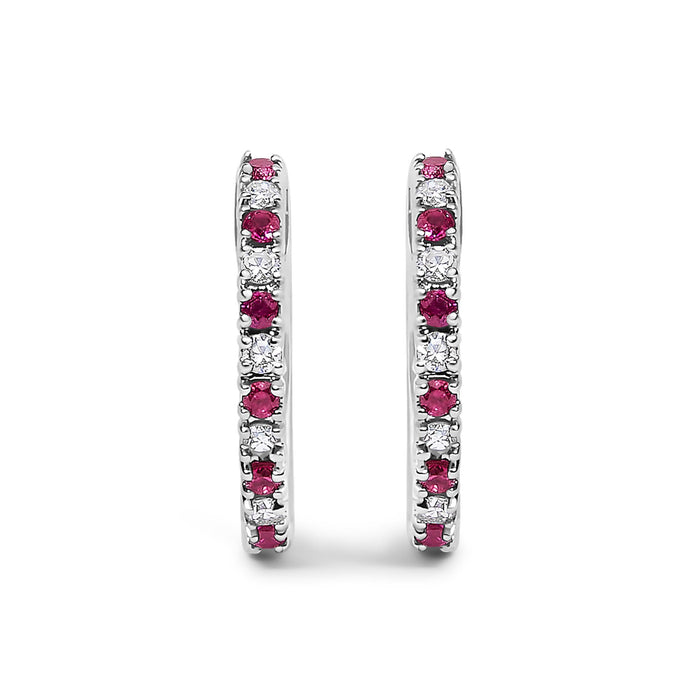Alternating Diamond and Red Ruby Huggy Hoop Earrings in 10K Gold, photo 4