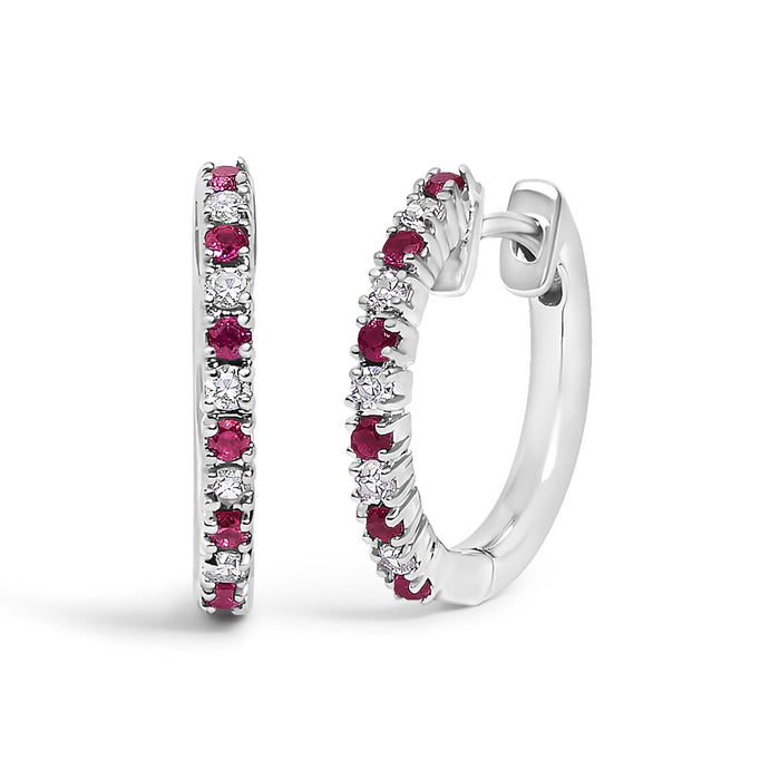 Alternating Diamond and Red Ruby Huggy Hoop Earrings in 10K Gold, photo 2