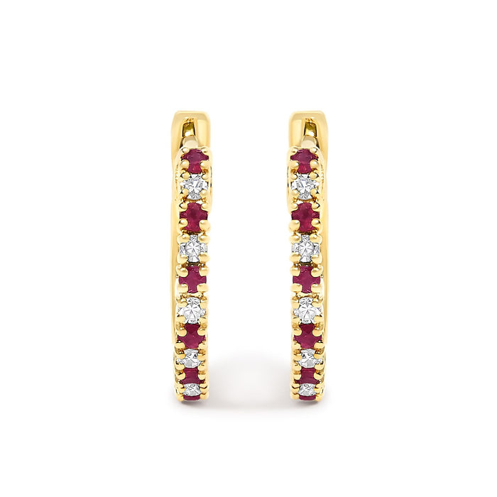 Alternating Diamond and Red Ruby Huggy Hoop Earrings in 10K Gold, photo 3