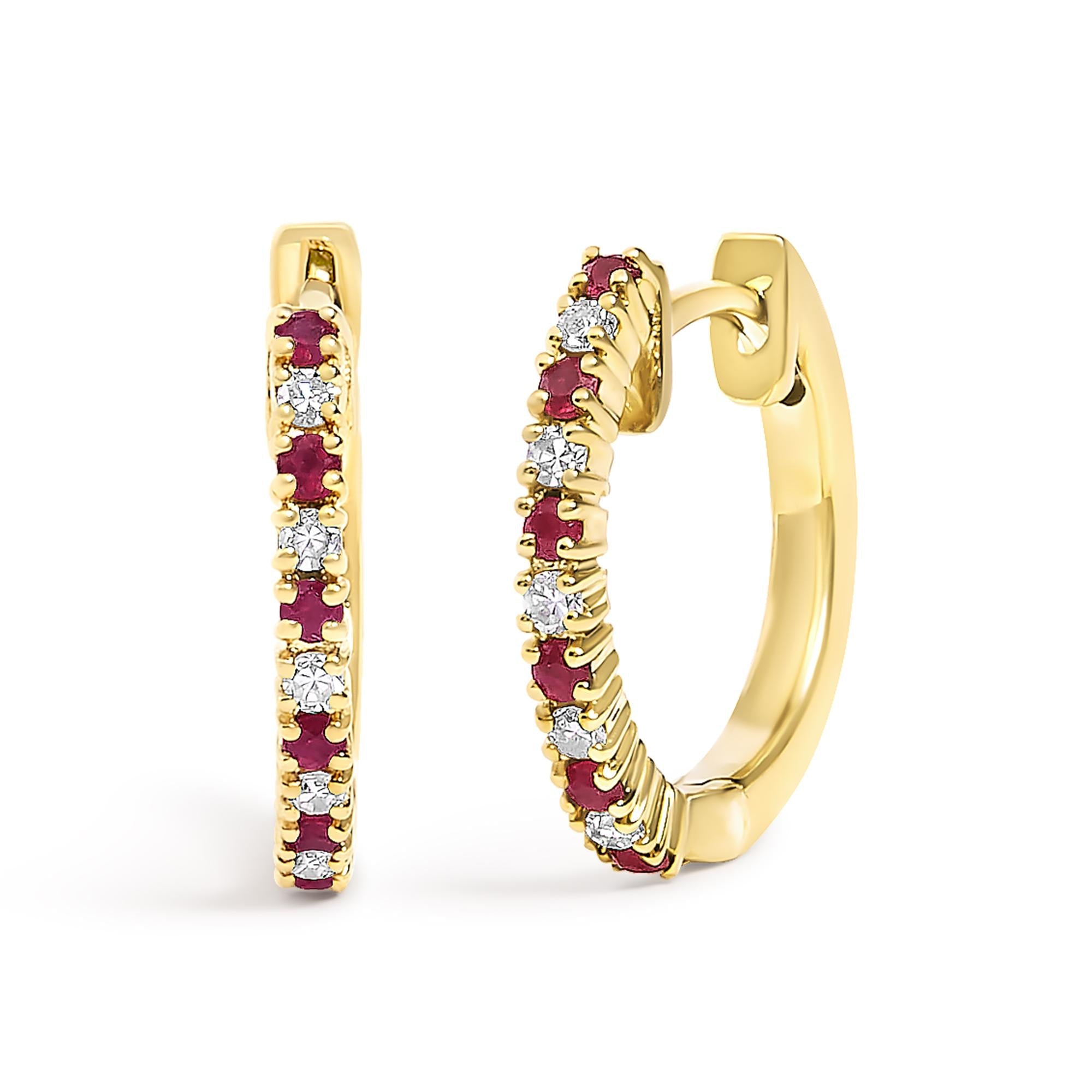 Alternating Diamond and Red Ruby Huggy Hoop Earrings in 10K Gold, photo 1