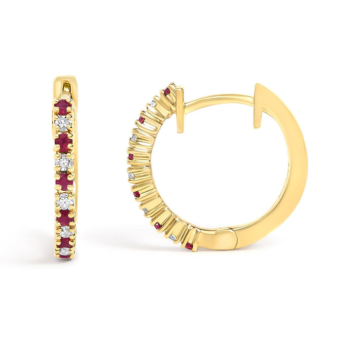 Alternating Diamond and Red Ruby Huggy Hoop Earrings in 10K Gold, photo 7