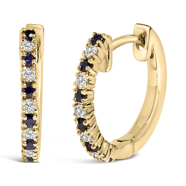 1/10 Ct. T.W. Alternating Blue Sapphire Diamond Huggy Hoop Earrings in 10K Yellow Gold, photo 1