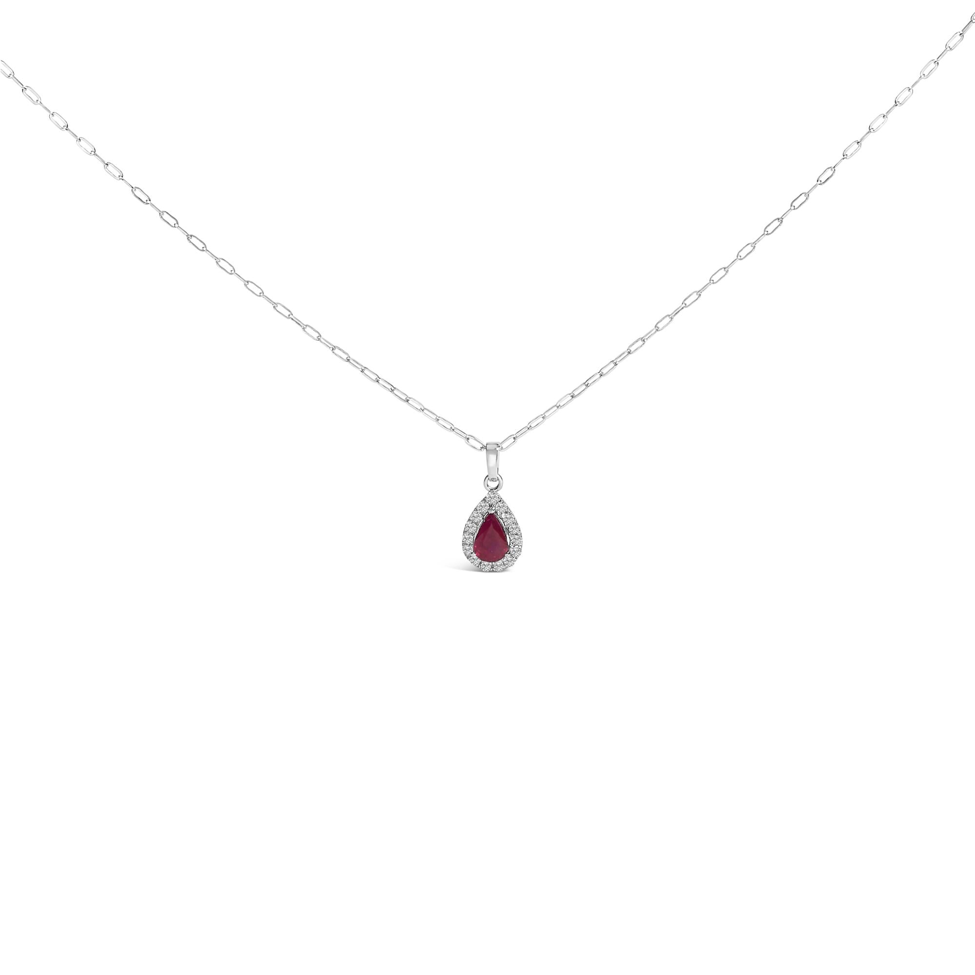 6x4 Pear Red Ruby and Diamond Halo Pendant Necklace in 14K White Gold, photo 1