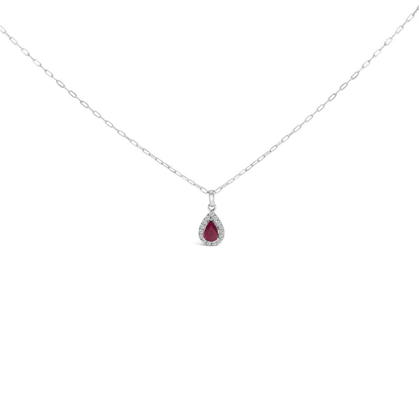 6x4 Pear Red Ruby and Diamond Halo Pendant Necklace in 14K White Gold, photo 1
