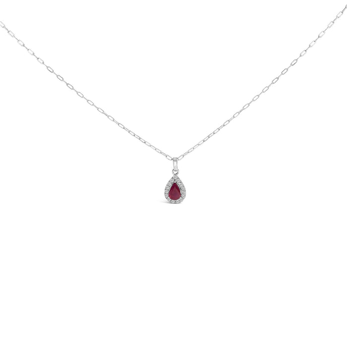 6x4 Pear Red Ruby and Diamond Halo Pendant Necklace in 14K White Gold, photo 1