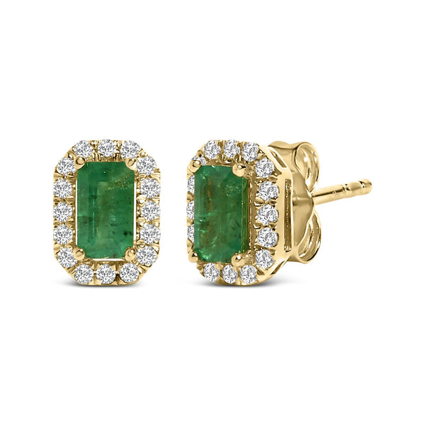 1/8 Ct. T.W. Green Emerald and Diamond Halo Octagonal-Shaped Stud Earrings in 14K Yellow Gold, photo 2