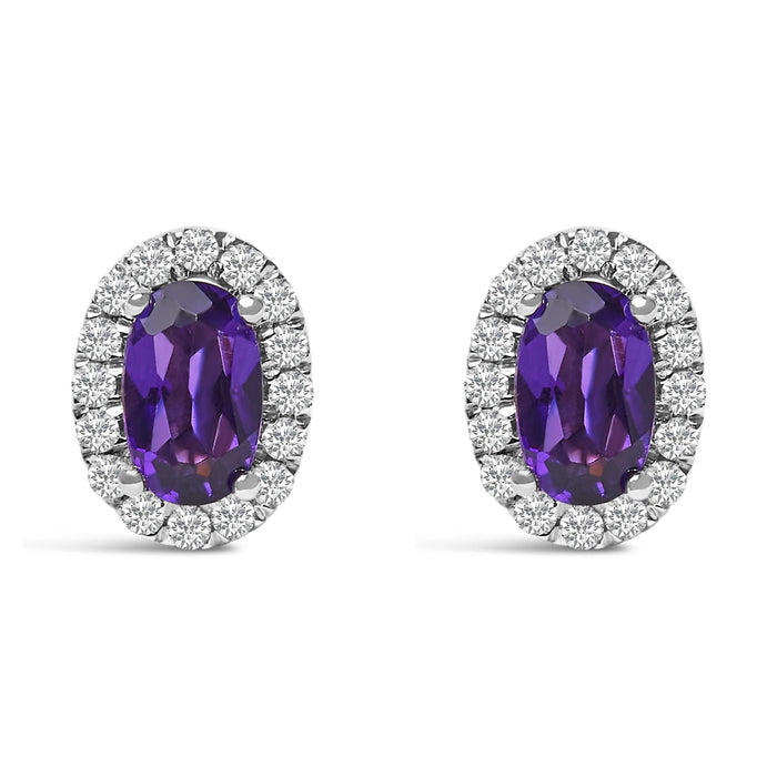 Aretes de botón de halo con piedra natal talla ovalada de 5x3mm y diamantes en oro blanco de 10K, foto 11