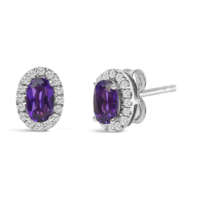 Aretes de botón de halo con piedra natal talla ovalada de 5x3mm y diamantes en oro blanco de 10K, foto 22