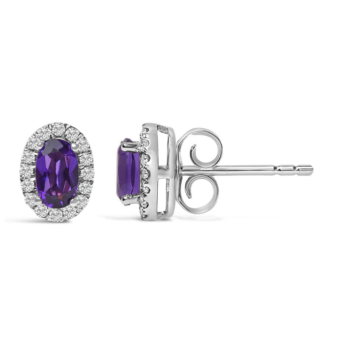 Aretes de botón de halo con piedra natal talla ovalada de 5x3mm y diamantes en oro blanco de 10K, foto 44