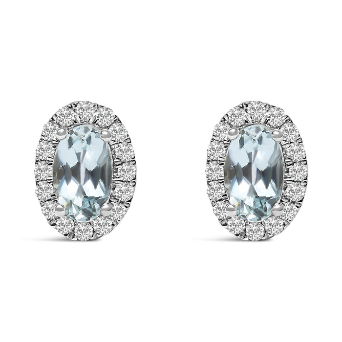 Aretes de botón de halo con piedra natal talla ovalada de 5x3mm y diamantes en oro blanco de 10K, foto 10
