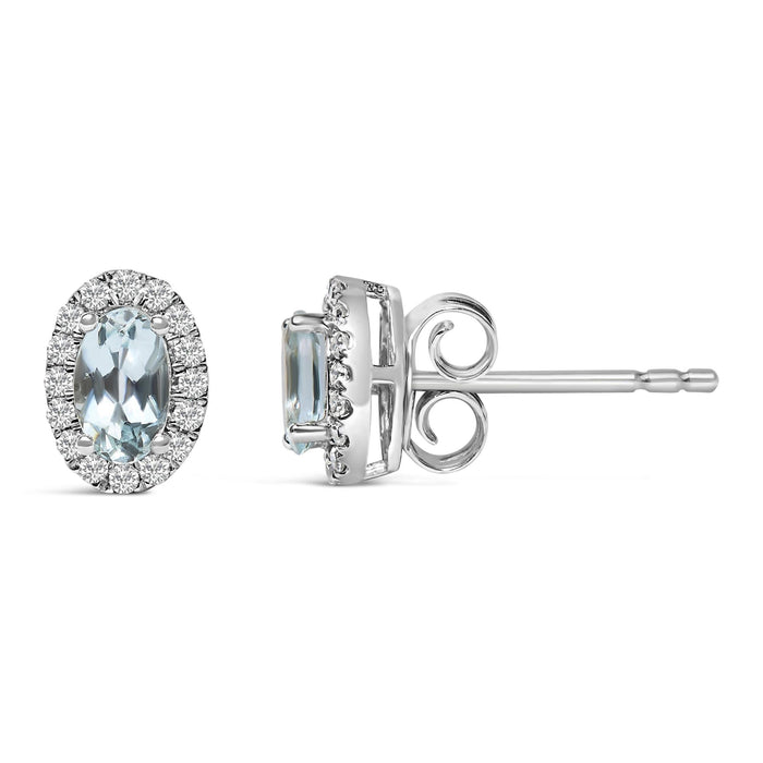Aretes de botón de halo con piedra natal talla ovalada de 5x3mm y diamantes en oro blanco de 10K, foto 43