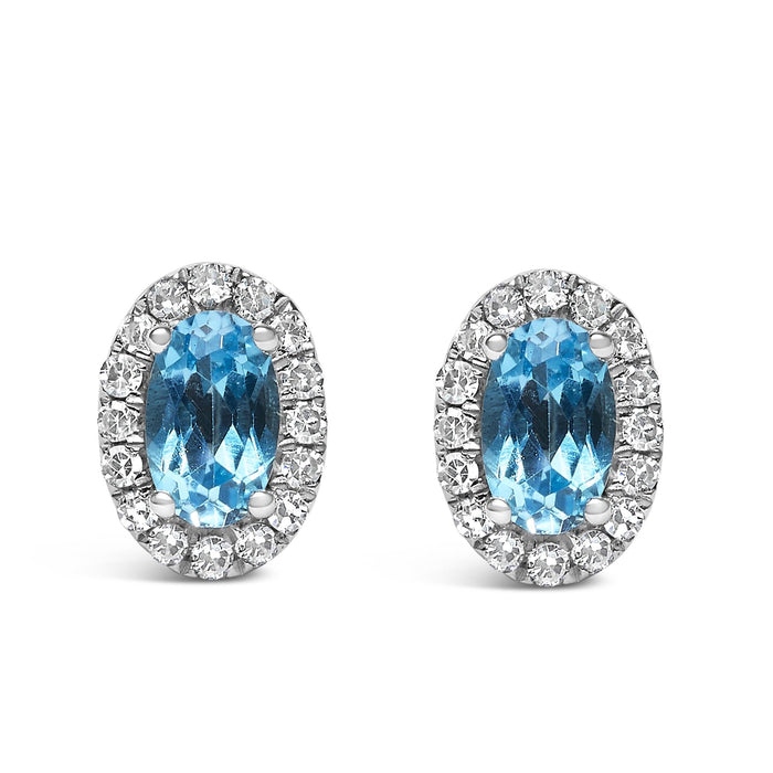 Aretes de botón de halo con piedra natal talla ovalada de 5x3mm y diamantes en oro blanco de 10K, foto 9