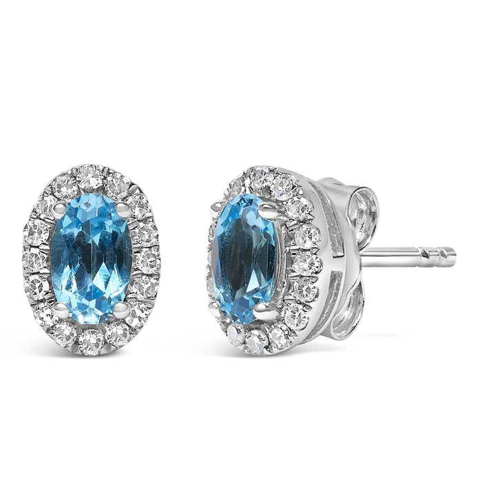 Aretes de botón de halo con piedra natal talla ovalada de 5x3mm y diamantes en oro blanco de 10K, foto 20