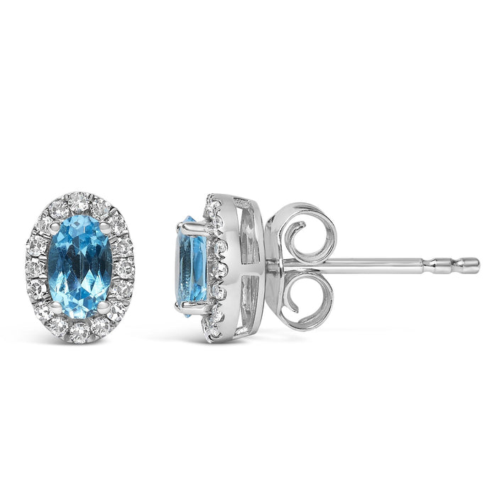 Aretes de botón de halo con piedra natal talla ovalada de 5x3mm y diamantes en oro blanco de 10K, foto 42