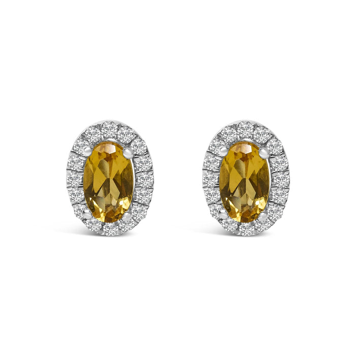 Aretes de botón de halo con piedra natal talla ovalada de 5x3mm y diamantes en oro blanco de 10K, foto 8
