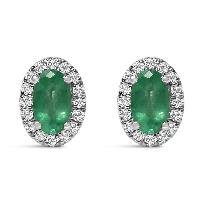 Aretes de botón de halo con piedra natal talla ovalada de 5x3mm y diamantes en oro blanco de 10K, foto 7
