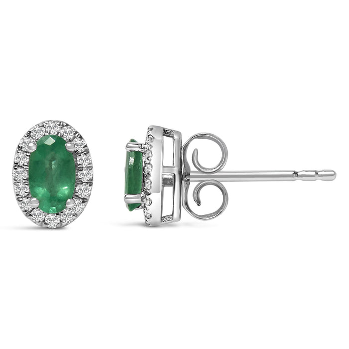 Aretes de botón de halo con piedra natal talla ovalada de 5x3mm y diamantes en oro blanco de 10K, foto 40