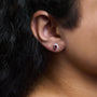 Aretes de botón de halo con piedra natal talla ovalada de 5x3mm y diamantes en oro blanco de 10K, foto 28