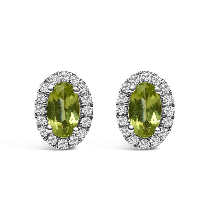 Aretes de botón de halo con piedra natal talla ovalada de 5x3mm y diamantes en oro blanco de 10K, foto 5