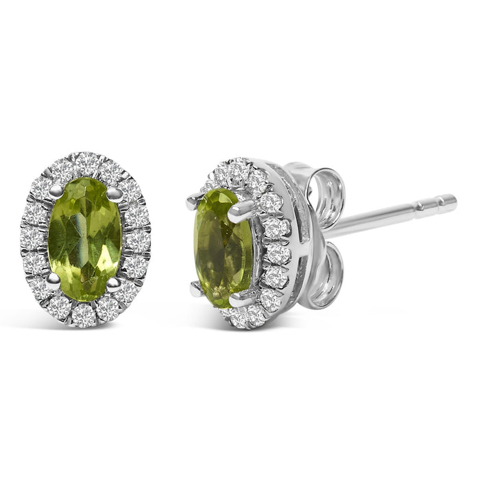 Aretes de botón de halo con piedra natal talla ovalada de 5x3mm y diamantes en oro blanco de 10K, foto 16
