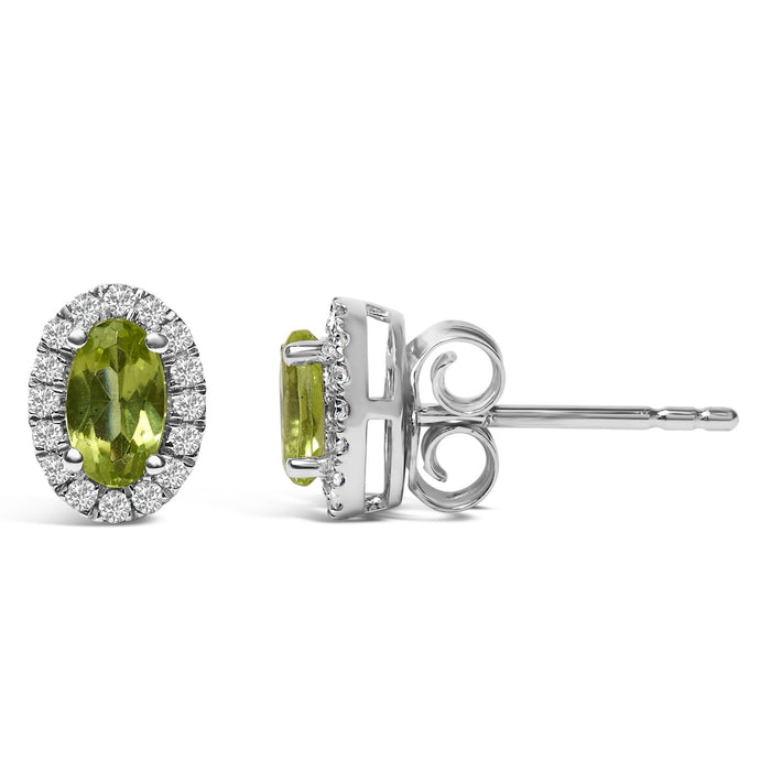Aretes de botón de halo con piedra natal talla ovalada de 5x3mm y diamantes en oro blanco de 10K, foto 38