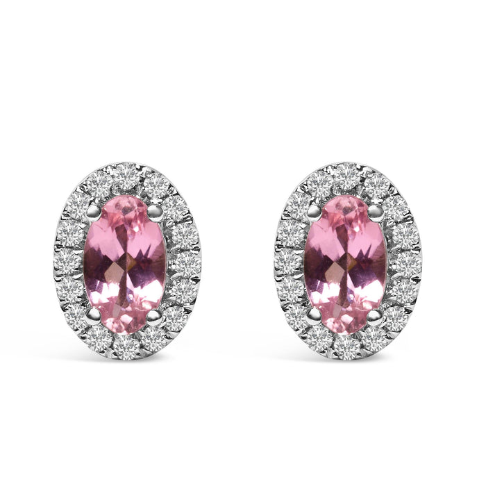 Aretes de botón de halo con piedra natal talla ovalada de 5x3mm y diamantes en oro blanco de 10K, foto 4