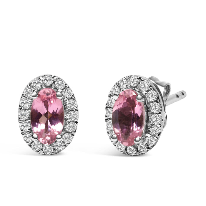 Aretes de botón de halo con piedra natal talla ovalada de 5x3mm y diamantes en oro blanco de 10K, foto 15