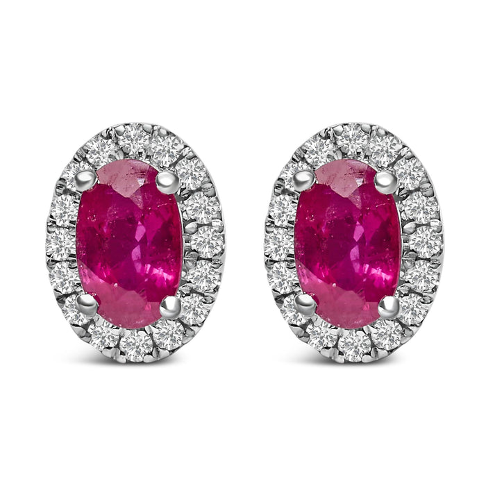 Aretes de botón de halo con piedra natal talla ovalada de 5x3mm y diamantes en oro blanco de 10K, foto 3