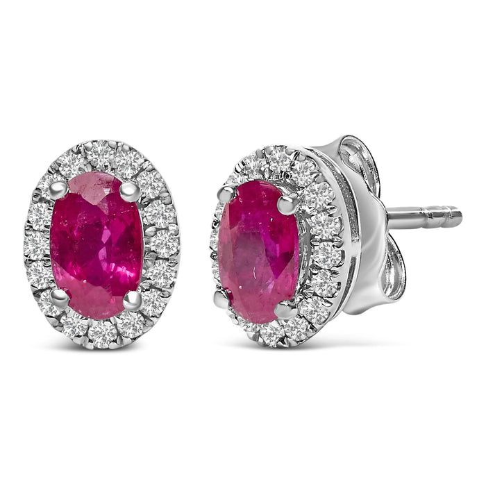 Aretes de botón de halo con piedra natal talla ovalada de 5x3mm y diamantes en oro blanco de 10K, foto 14