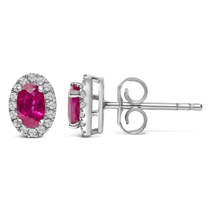 Aretes de botón de halo con piedra natal talla ovalada de 5x3mm y diamantes en oro blanco de 10K, foto 36