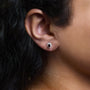 Aretes de botón de halo con piedra natal talla ovalada de 5x3mm y diamantes en oro blanco de 10K, foto 25