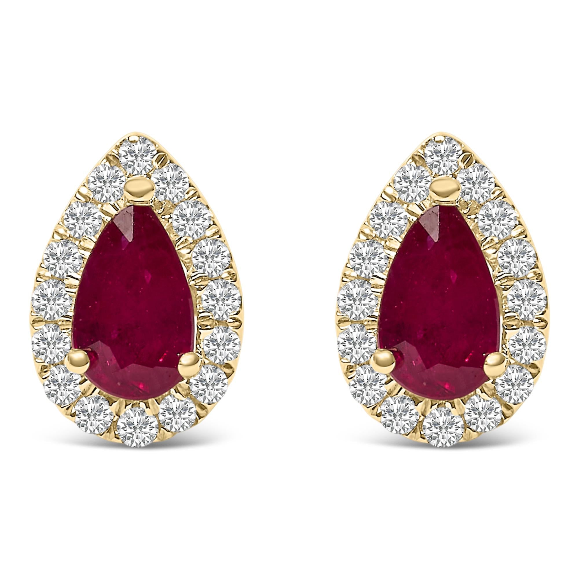 1/7 Ct. T.W. 5x3mm Pear-Cut Ruby and Diamond Halo Stud Earrings in 10K Yellow Gold, photo 1