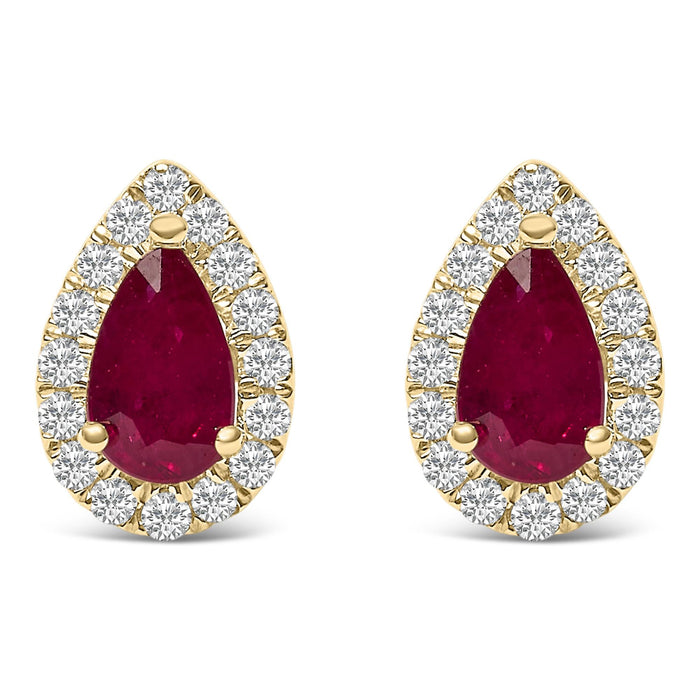 1/7 Ct. T.W. 5x3mm Pear-Cut Ruby and Diamond Halo Stud Earrings in 10K Yellow Gold, photo 1