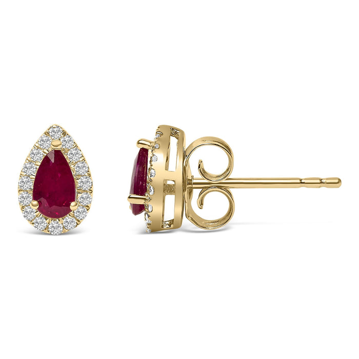 1/7 Ct. T.W. 5x3mm Pear-Cut Ruby and Diamond Halo Stud Earrings in 10K Yellow Gold, photo 4