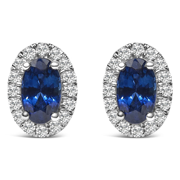 5x3mm Oval-Cut Birthstone and Diamond Halo Stud Earrings in 10K White Gold, photo 2