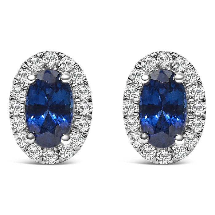 Aretes de botón de halo con piedra natal talla ovalada de 5x3mm y diamantes en oro blanco de 10K, foto 2