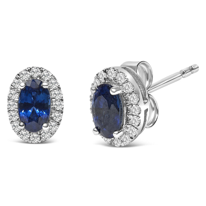 Aretes de botón de halo con piedra natal talla ovalada de 5x3mm y diamantes en oro blanco de 10K, foto 13