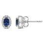 Aretes de botón de halo con piedra natal talla ovalada de 5x3mm y diamantes en oro blanco de 10K, foto 35