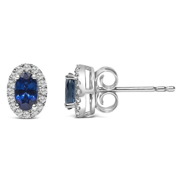 Aretes de botón de halo con piedra natal talla ovalada de 5x3mm y diamantes en oro blanco de 10K, foto 35