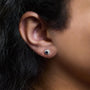 Aretes de botón de halo con piedra natal talla ovalada de 5x3mm y diamantes en oro blanco de 10K, foto 24