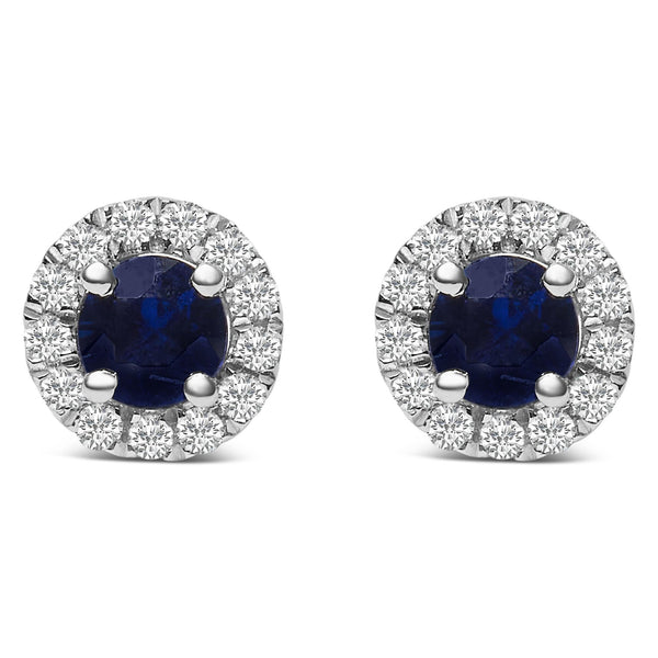 1/10 Ct. T.W. 3.25mm x 3.25mm Round Blue Sapphire and Diamond Halo Stud Earrings in 10K White Gold, photo 1