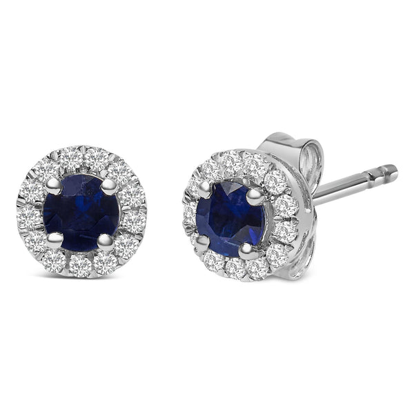 1/10 Ct. T.W. 3.25mm x 3.25mm Round Blue Sapphire and Diamond Halo Stud Earrings in 10K White Gold, photo 2