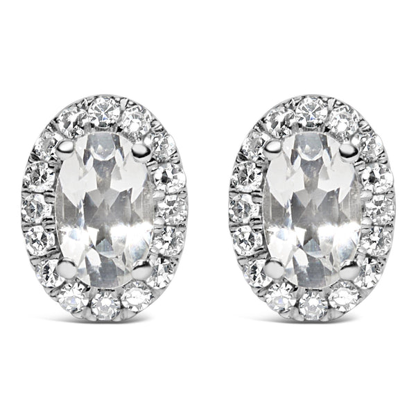 5x3mm Oval-Cut Birthstone and Diamond Halo Stud Earrings in 10K White Gold, photo 1