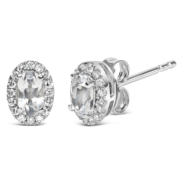 Aretes de botón de halo con piedra natal talla ovalada de 5x3mm y diamantes en oro blanco de 10K, foto 12