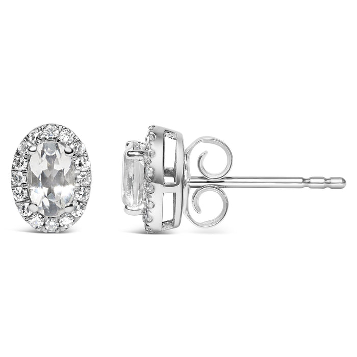 Aretes de botón de halo con piedra natal talla ovalada de 5x3mm y diamantes en oro blanco de 10K, foto 34