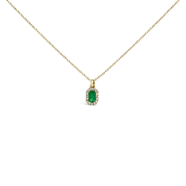 5x3mm Green Emerald and Diamond Accent Halo Octagonal Shape Pendant Necklace in 10K Yellow Gold, photo 1