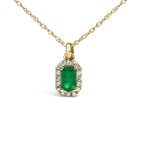 5x3mm Green Emerald and Diamond Accent Halo Octagonal Shape Pendant Necklace in 10K Yellow Gold, photo 2