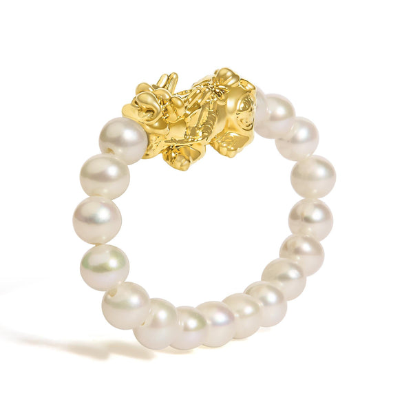 Freshwater Cultured Pearl Dragon Charm Adjustable Ring Band in 18K Yellow Gold, photo 2